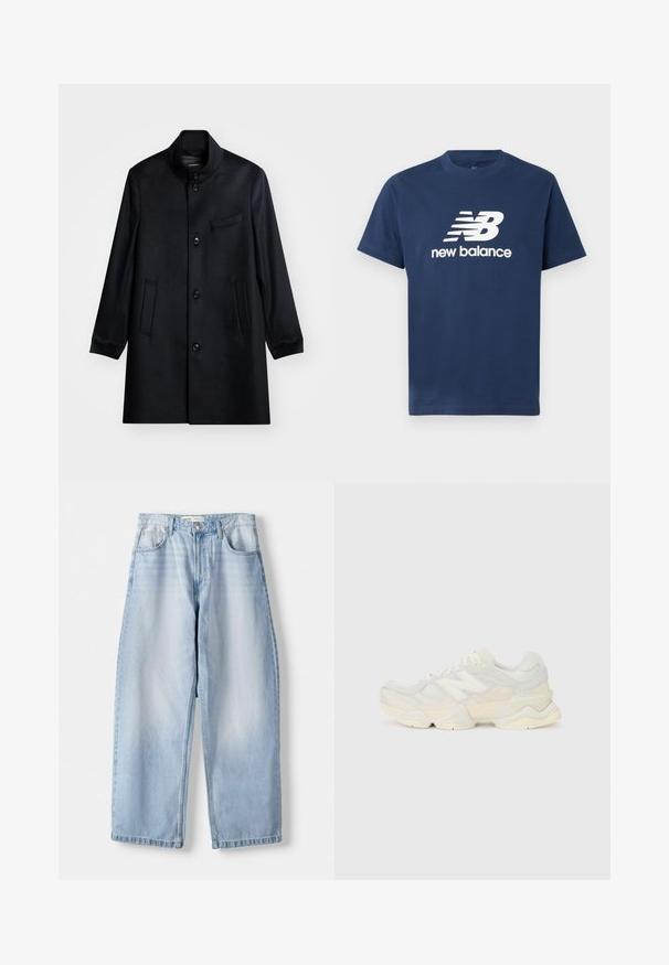 Črni volneni plašč z visokim ovratnikom, sprednjim gumbom za zapiranje in dvema stranskima žepoma. Ima tudi žep na prsih ter gladko teksturo.; Temno moder bombažna majica s kratkimi rokavi in okroglo izrezom. Na sprednji strani vsebuje bel logotip "NB" in besedilo "new balance".; Svijetloplave traper široke hlače s srednjim strukom, dizajnom s pet džepova i suptilnim izbljeđivanjem; završene ravnim rubom i petljicama za remen.; Lahki športni čevlji z zgornjim delom iz mrežastega materiala in antilopa v nežnih kremnih tonih, z debelim podplatom in tridimenzionalnimi poudarki.