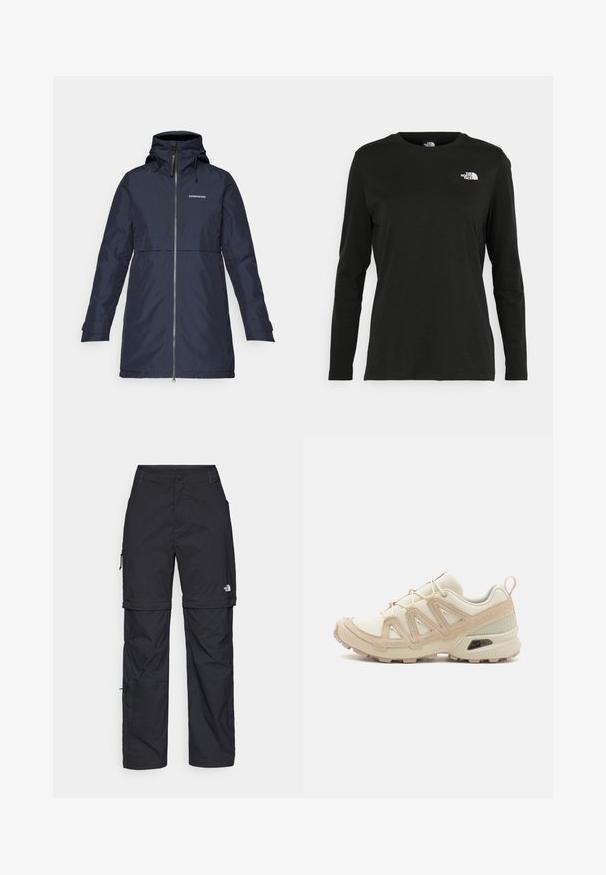 Casaco impermeável de um azul-marinho escuro com um colarinho alto, fecho frontal, capuz ajustável e punhos elásticos. Apresenta uma costura horizontal na cintura.; T-shirt preto de mangas longas, feito de algodão, com decote redondo. Apresenta um pequeno logótipo branco na área esquerda do peito. Design simples e ajuste confortável.; Calças cargo pretas em nylon com fechos de correr removíveis, punhos ajustáveis, múltiplos bolsos e um logótipo na perna direita. Textura suave e leve.; Sapatilha atlética beige e creme com parte superior em malha texturizada, sobreposições de suporte e sola de borracha com um padrão de cravo para tração.