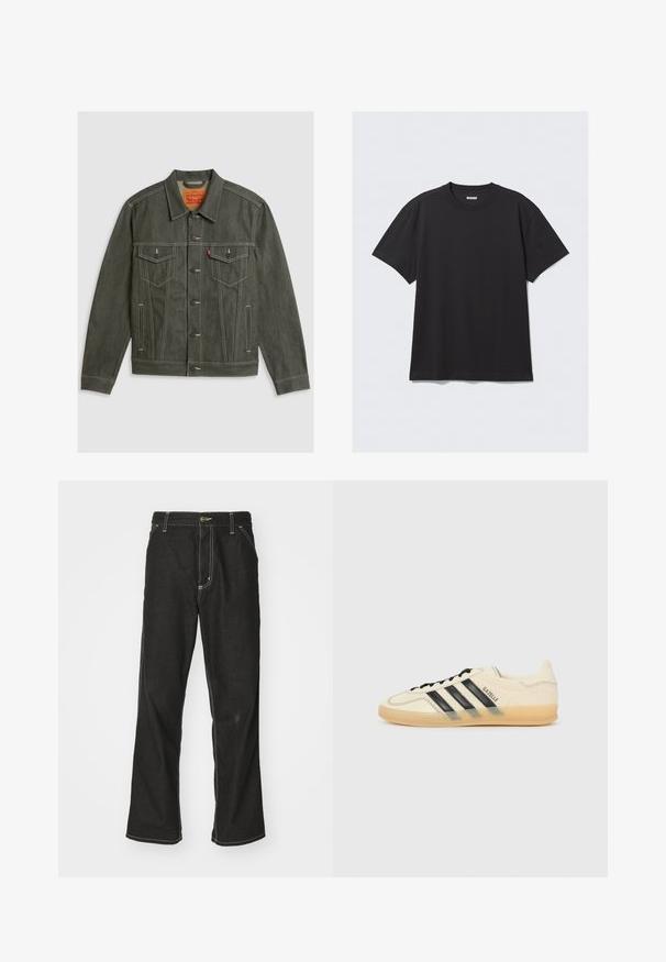 Temno zelena denim jakna s špičastim ovratnikom, dvema prsnoma žepoma in sprednjim gumbom. Ima kontrastno belo šivanje in oznako blagovne znamke.; Crna majica s kratkimi rokavi iz bombaža. Ima okroglo ovratnik in sproščen kroj. Preprost dizajn brez vzorcev ali poudarkov.; Črne jeans hlače ohlapenega kroja, ki imajo kontrastno belo šivanje, zapiranje na gumb in ravno nogavico.; Svetlo kremne teniske z vzorcem črnih treh črt, teksturirano zgornji del, okroglo konico in gumijast podplat. Imajo vezalke in blagovno znamko na strani.