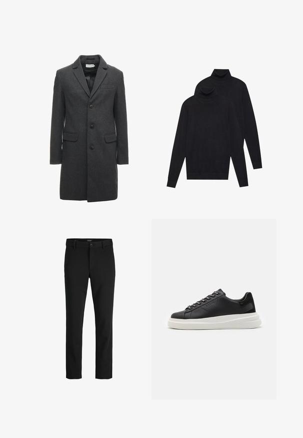 Temno siva volnena mešanica plašč z enorednim zapenjanjem, s čelno ovratnikom in dvema sprednjima žepoma. Ima šest gumbov na sprednji strani.; Dva črna dolgi rokavi puloverja s turtleneck ovratnikom, enostavna pletenina, zložen eden nekoliko za drugim na belem ozadju.; Črne hlače iz gladkega blaga, s klasičnim dizajnom, ravnim krojem, sprednjim gumbom za zapiranje in stranskimi žepi.; Črne usnjene teniske z belim gumijastim podplatom, ki imajo ravne vezalke in blagovno znamko na ošitih luknjah. Mehka tekstura s kontrastnim stranskim poudarkom.