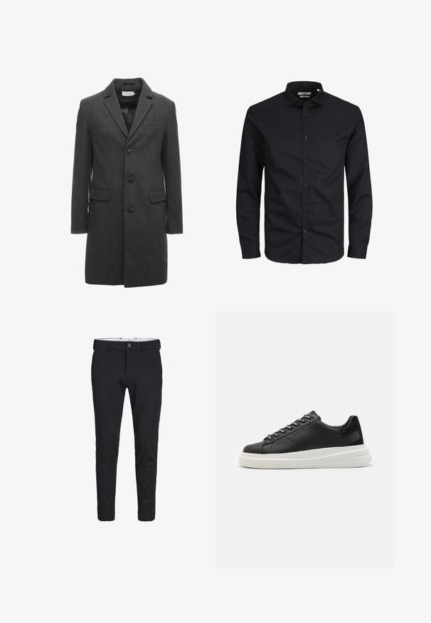 Mørkegrå ullblandings frakk med enkel knapping, klippede slag og to frontlommer. Har seks knapper foran.; Svart langermet skjorte med knapper laget av bomull, med spiss krage, frontknapper og klassisk passform. Glatt tekstur, ingen mønstre.; Svarte bukser laget av et glatt, elastisk stoff. De har en smal passform, knappelukking og sidelommer.; Svart lær sneakers med hvit gummisåle, med flate lisser og merkede lissehull. Myk tekstur med en kontrasterende sideaccent.
