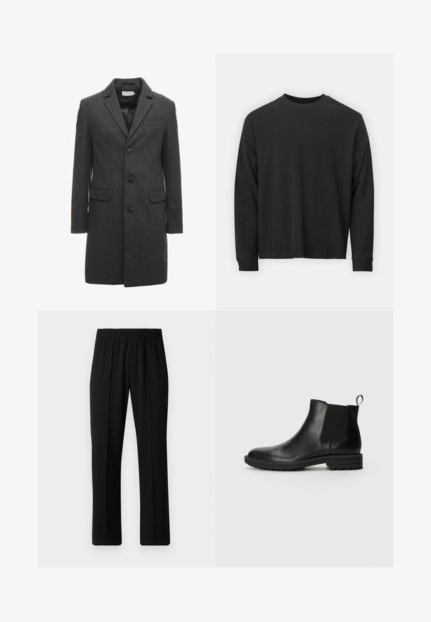 Tmavosivý vlnený kabát zmesovej tkaniny s jednoradovým strihom, s klopovými goliermi a dvoma prednými vreckami. Má šesť gombíkov na prednej strane.; Čierne tričko s dlhým rukávom vyrobené z bavlny, s okrúhlym výstrihom, vo voľnom strihu a rebrovanými manžetami. Hladká textúra bez viditeľných vzorov.; Čierne nohavice s elastickým pásom a rovnými nohavicami, majú hladkú textúru a žiadne viditeľné vzory ani kovové doplnky.; Jack & Jones JFWHOSKINS - Klasické členkové čižmy - anthracite