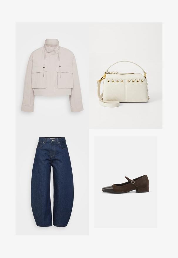 Švarkas, trumpas šviesiai béžinės spalvos audinio, su aukštu apykakle, dviem priekinėmis kišenėmis su užklotais ir reguliuojamomis raištelėmis, užtikrinančiomis tvirtą prigludimą.; Tamsiai mėlynas trumpas megztinis, pagamintas iš minkštos mezginio medžiagos. Turi apvalų iškirpimą ir ilgomis rankovėmis su raukšlėtomis rankovėmis. Paprastas, elegantiškas dizainas.; Tamsiai mėlynos spalvos džinsai iš džinso audinio, platus, laisvas kirpimas. Yra užtrauktukas priekyje, keturios kišenės ir kontrastingos siūlės palei siūles.; Rudos zomšiniai Mary Jane bateliai su juodu patentuotų odos smailiu pirštu, reguliuojama juosta ir žemu blokuotu kulnu. Lygus paviršius su minimaliais akcentais.; Balta dirbtinės odos rankinė su viršutiniu užtrauktuku, trumpa rankena ir nuimamu per petį nešančiu diržu su auksinės spalvos furnitūra. Šoniniai raišteliai.; Sidabrinė lankinė auskarai su poliruotu paviršiumi, turintys mažus auksinius akcentus ir apvalią formą, dėvimi ant ausies kaušelio.