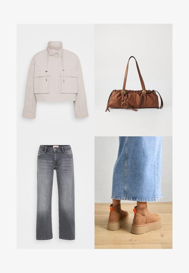 Cropped jacket in light beige fabric with a high collar, two front flap pockets, and adjustable drawstrings for a secure fit.; Even&Odd Petite 2 PACK - Top - light grey/black; Gray denim jeans with a straight leg design, five-pocket style, subtle fading, and a button closure at the waist.; Brown suede platform boots with elastic side panels and orange pull tabs, paired with a knee-length light denim skirt on a wooden floor.; Brown leather handbag with gathered top, adjustable straps, and metal accents. Features a round braided detail on the side.; Silver hoop earring with a polished finish, featuring small gold accent details and a round shape, worn on the lobe.