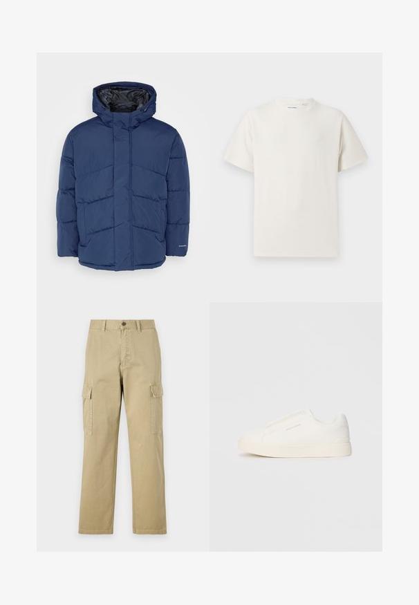 Jack & Jones JJWORLD PUFFER JACKET - Winter jacket - navy; White short-sleeve T-shirt in a ribbed texture. Round neckline, relaxed fit, no visible patterns or accents. Simple and versatile design.; Beige cargo pants made of cotton, featuring two side pockets, a button closure, and straight legs with a slightly textured fabric.; White slip-on sneakers with a textured surface, a thick sole, and minimalistic design. Features brand logo on the side.
