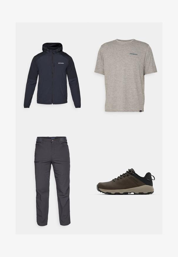 Vyriška striukė su gobtuvu tamsiai mėlynos spalvos, pagaminta iš lengvos, vandeniui atsparios medžiagos. Yra pilnas užtrauktukas, elastingi rankogaliai ir logotipas ant krūtinės.; Pilkas trumpas rankovės marškinėliai, pagaminti iš minkštos, tekstūruotos medžiagos, ant kairiojo krūtinės puikuojasi mažas mėlynas Patagonia logotipas. Be papildomų raštų.; Tamsiai pilki kelnės, pagamintos iš patvarios medžiagos, su užtrauktuku užsegamu kišeniu, tiesiu kirpimu ir diržo kilpom pritaikytiems dydžiams.; Rudi nepralaidūs sportbačiai su tekstūruota viršutine dalimi, perforuotomis detalėmis, juodu kulno palaikymu ir pilku guminio padu. Šniūreliai yra dekoruoti metaliniais galais.