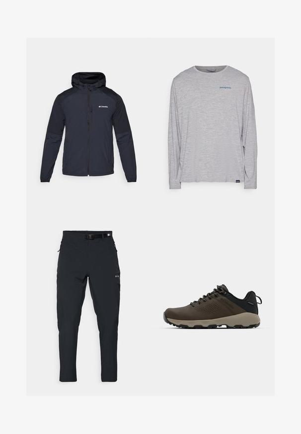 Jachetă pentru bărbați cu glugă, de culoare albastru închis, fabricată dintr-un material ușor și rezistent la apă. Are un fermoar complet, mansete elastice și un logo pe piept.; Tricou cu mânecă lungă de culoare gri deschis, realizat dintr-un material moale și texturat. Are un gât rotund și un mic logo al brandului Patagonia de culoare albastră pe piept.; Columbia ESSENTIAL HIKE™ PANT - Pantaloni outdoor - black; Adidași impermeabili maro, cu un superior texturat, accente perforate, suport pentru călcâie negru și o talpă din cauciuc gri. Șireturile au vârfuri metalice.