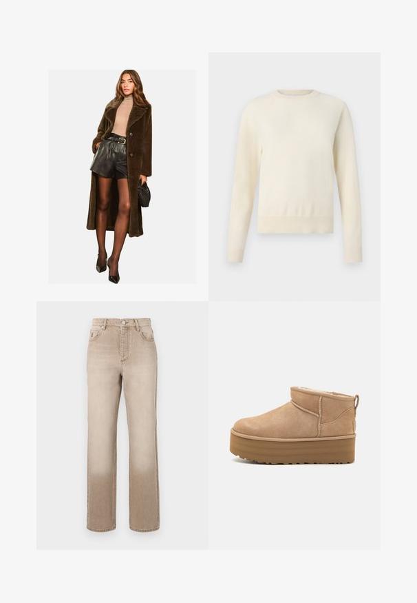 Brūns, pārlieku liels kažoks ar platām atloks, diviem pogām un garām piedurknēm, apvienots ar melniem ādas īsiem šortiem un aksesuāriem.; Gai krēmkrāsas džemperis ar garām piedurknēm, apaļu kakla izgriezumu un ribotu apakšmalu. Izgatavots no mīksta materiāla ar gludu tekstūru.; Bēšas džinsas ar nedaudz izbalējušu efektu, taisnas kājas dizains, piecu kabatu stils un metāla pogas aizdare jostasvietā.; Bežīgas zamšādas potītes ar mīkstu iekšpusi, kas aprīkotas ar platformas zoli un aizmugurē esošu cilpu vieglai uzvilkšanai. Strukturēta gumijas zole.