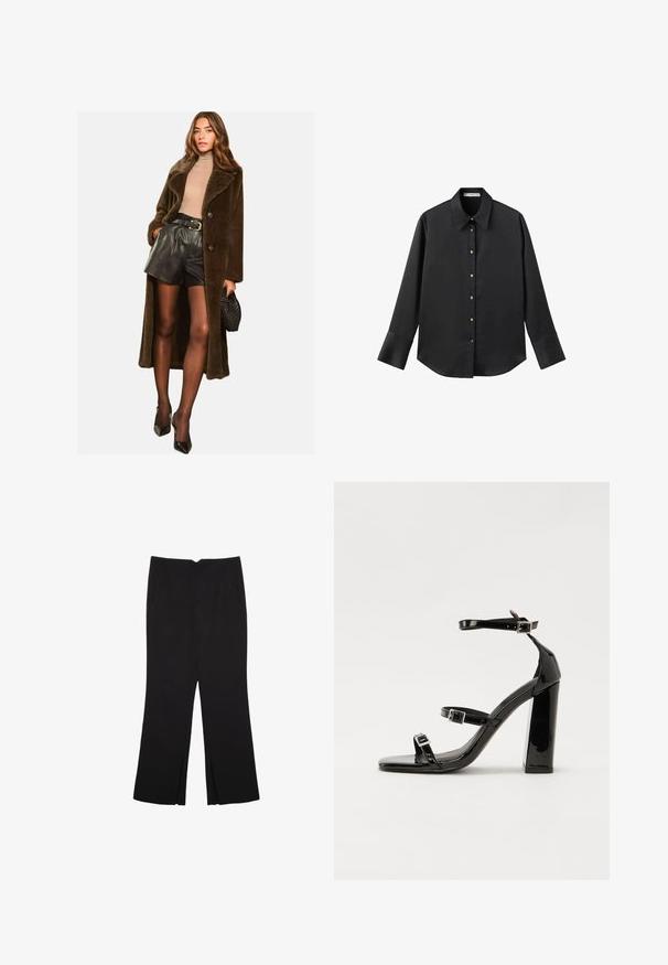 Cappotto in pelliccia marrone, oversize, con ampio risvolto, due bottoni e maniche lunghe, abbinato a pantaloni corti in pelle nera e accessori.; Maglietta nera a maniche lunghe in tessuto morbido, con colletto classico, chiusura frontale con bottoni dorati e polsini ampi.; Pantaloni neri a gamba dritta, con tasche frontali e spacchi laterali all'orlo. Realizzati in tessuto morbido e liscio. Adatti a diverse occasioni.; Sandali con tacco alto in vernice nera con due cinturini con fibbia, punta quadrata e tacco spesso a blocco, caratterizzati da una texture liscia e lucida.