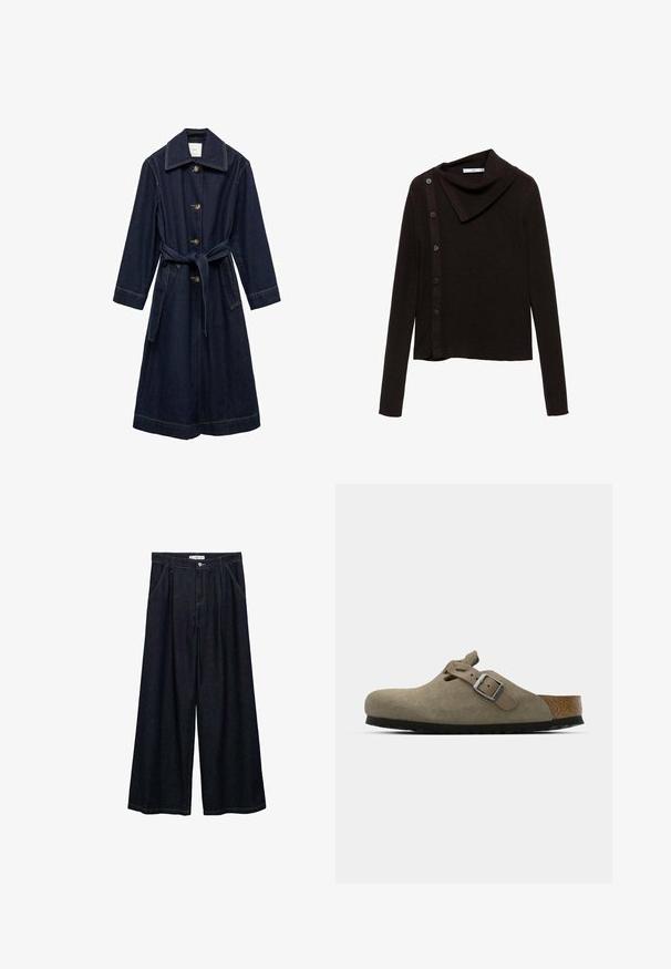 Dunkelblaue Denim-Trenchjacke mit Kragen, Knopfverschluss und gebundenem Taillengürtel. Verfügt über Seitentaschen und kontrastierende Nähte.; Brauner Strickpullover mit einem Kragen-Design, ausgestattet mit einem seitlichen Knopfverschluss und langen Ärmeln. Der Stoff wirkt weich und strukturiert.; Dunkelblaue, weite High-Waist-Hosen aus Denim mit einem Knopfverschluss vorne, zwei Seitentaschen und Nähdetails.; Wildleder-Clogs in hellolivgrün mit einer geformten Kork- und Gummisohle. Verfügt über einen Seitenriemen mit einer metallischen Schnalle und einer abgerundeten Zehenpartie.
