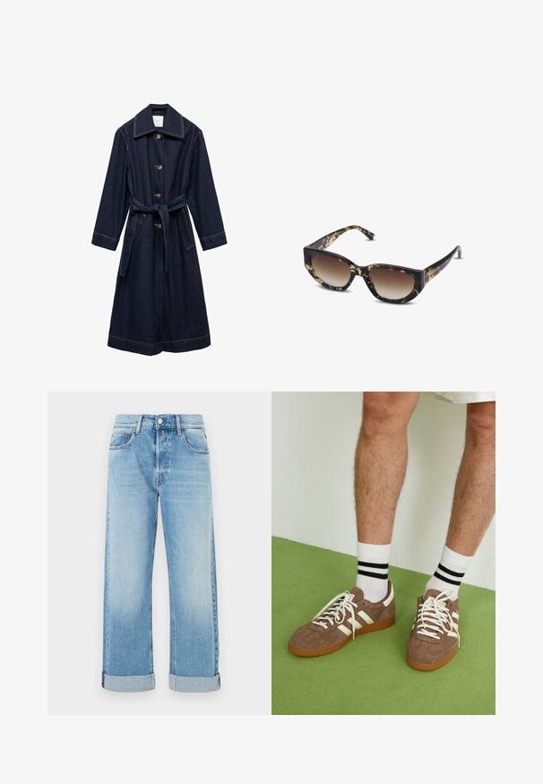 Manteau trench en denim foncé avec un col, fermeture à boutons et ceinture à nouer à la taille. Dispose de poches latérales et de coutures contrastées.; Chemise en denim bleu à manches longues avec boutons-pression, deux poches poitrine et col pointu, posée à plat sur un fond blanc.; Jean en denim bleu clair avec une coupe droite, comportant cinq poches, une fermeture à bouton et des ourlets roulés à l'hem.; Baskets en daim marron avec des accents et des lacets blancs. Semelle en caoutchouc gomme. Portées avec des chaussettes blanches à rayures noires. Sol texturé vert.; Lunettes de soleil en écaille de tortue marron et noire avec une forme cat-eye angulaire, verres dégradés et épais monture. Logo imprimé sur les branches.