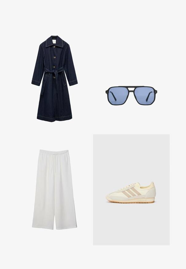 Temno modri plašč iz džinsa z ovratnikom, zapenjanjem na gumbe in pasom s povezovanjem. Ima stranske žepe in kontrastne šive.; Bela kratka majica s kratkimi rokavi iz bombaža. Ima okroglo izrezovanje in sproščen kroj. Gladka tekstura brez vidnih vzorcev ali poudarkov.; Bele široke hlače iz lahkega materiala, ki imajo elastičen pas in vrvico za prilagajanje. Gladka tekstura.; Kremna atletska teniska obutev z tremi bež črtami, usnjatom in tekstilnim materialom, teksturiranim podplatom ter embosiranim logotipom na peti.; Stradivarius RETRO - Sončna očala - light blue