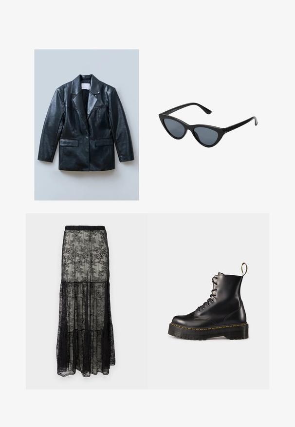 Black leather blazer with a notched lapel, single button closure, two front pockets, and a smooth, shiny texture.; Black long-sleeve top with a ribbed texture and sheer mesh detailing at the shoulders. Paired with high-waisted black trousers.; Black lace maxi skirt with a tiered design, featuring an elastic waistband and floral patterns. The material is sheer with a soft texture.; Black leather lace-up ankle boots with a chunky black sole and yellow stitching. Features a pull tab at the back and circular metal eyelets.; Black cat-eye sunglasses with dark gray lenses, sleek plastic frame, pointed corners, and straight temples. No visible hardware or accents.