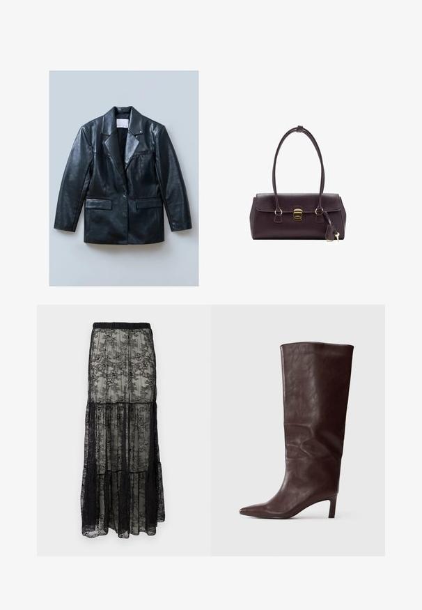 Musta nahkatakki, jossa on lovellinen kaulus, yksittäinen nappikiinnitys, kaksi etutaskua ja sileä, kiiltävä tekstuuri.; Musta pitkähihainen paita, jossa on ribbikuvio ja läpinäkyvät verkkoalueet hartioilla. Yhdistetty korkeavyötäröisten mustien housujen kanssa.; Musta pitsinen maksi-hame, jossa on kerroksellinen muotoilu, joustava vyötärö ja kukkakuviot. Materiaali on läpikuultavaa ja pehmeää.; Korkeat tummanruskeat nahkasaappaat, joissa on terävä kärki ja hoikka keskipitkä korko, valkoisella taustalla.; Maran ko leather-käsivarjo, jolla on jäsennelty muotoilu, lyhyet kahvat, kultainen suorakulmainen lukko ja irrotettava tupsuakor.