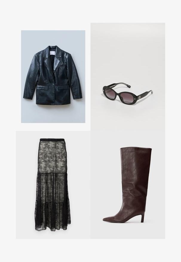 Blazer in pelle nera con revers a punta, chiusura a un bottone, due tasche frontali e una texture liscia e lucida.; Top nero a maniche lunghe con una texture a coste e dettagli in rete trasparente sulle spalle. Abbinato a pantaloni neri a vita alta.; Gonna maxi in pizzo nero con design a strati, dotata di vita elastica e motivi floreali. Il materiale è trasparente con una consistenza morbida.; Stivaletto alto in pelle marrone scuro con punta affilata e tacco sottile di medie altezze su sfondo bianco semplice.; Occhiali da sole neri con lenti scure a gradiente, forma ovale, finitura lucida, con un logo prominente sul lato e dettagli in argento.; Borsa a mano in pelle color bordeaux con un design strutturato, manici corti, una chiusura rettangolare dorata e un ornamento a frangia rimovibile.