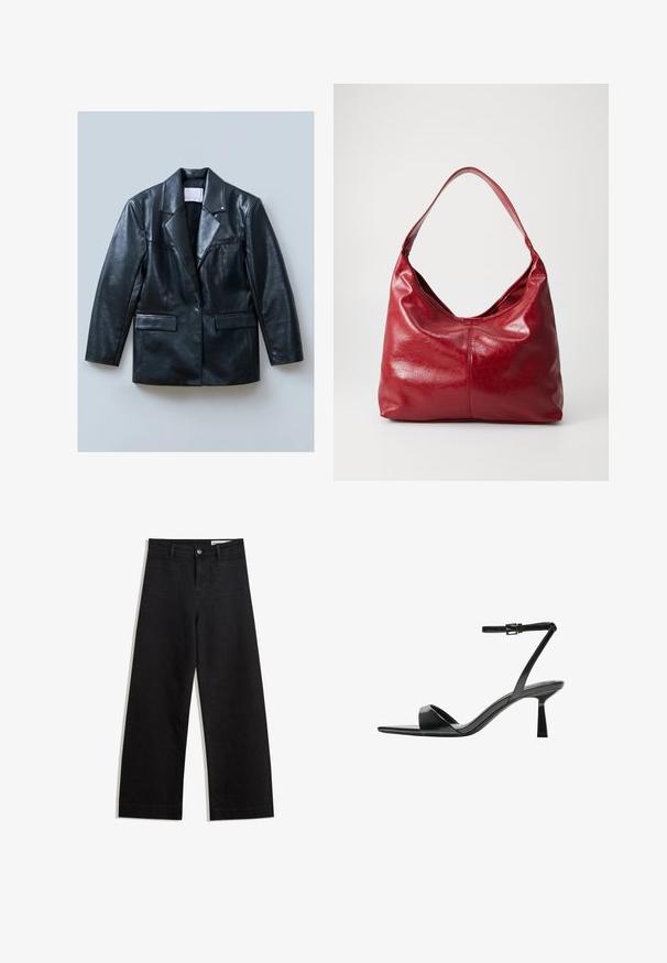 Sort læderblazer med spids revers, enkelt knaplukning, to forlommer og en glat, skinnende tekstur.; Hvid langærmet t-shirt lavet af ribbet stof med rund halsudskæring og lige skæring i kanten. Enkel, ensfarvet design.; Sorte wide-leg denim bukser med høj talje, der har front- og baglommer, syede sømme og en knaplukning. Glat tekstur.; Bershka Højhælede sandaletter / Højhælede sandaler - black; Rød læder hobo taske med en blød, tekstureret overflade, en enkelt skulderrem og en rund, slaskende form.