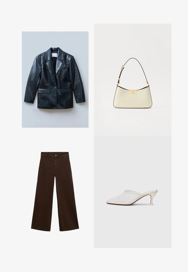 Black leather blazer with a notched lapel, single button closure, two front pockets, and a smooth, shiny texture.; Brown short-sleeve top with a round neck, made of textured fabric. Features a relaxed fit and a slightly scalloped hem. Clean, minimalist design.; Brown wide-leg trousers in cotton blend, featuring a frayed hem, front button closure, and classic five-pocket design. Minimalistic and versatile.; White mesh pointed-toe mule with a slim mid-height heel and slip-on design against a plain background.; Leather handbag in cream with a curved shape. Features a gold-tone logo accent and a thin, adjustable dark strap.