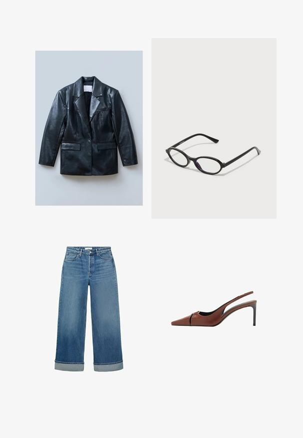 Zwarte leren blazer met een gelapte revers, een enkele knoopsluiting, twee voorkruiszakken en een gladde, glanzende textuur.; Bruine T-shirt met korte mouwen, gemaakt van zachte katoen. Heeft een ronde halslijn en een recht model, met een gladde textuur en geen zichtbare patronen.; Wijde blauwe denim jeans met een middelmatige wassing en opgerolde broekspijpen. Heeft de klassieke vijf-pocket styling en een knoopsluiting.; Bruine leren slingback hakken met een spitse neus, uitsnijding bij de bovenkant en een elegante stilettohak. Glad oppervlak.; Zwarte ovale brillen met doorschijnende paarse accenten op de lenzen. De monturen hebben een matte afwerking en slanke, rechte veren.; Donkerbruin suède handtas met een gestructureerde vorm, voorzien van twee handvatten aan de bovenkant en een afneembare schouderband met een gouden gesp accent.