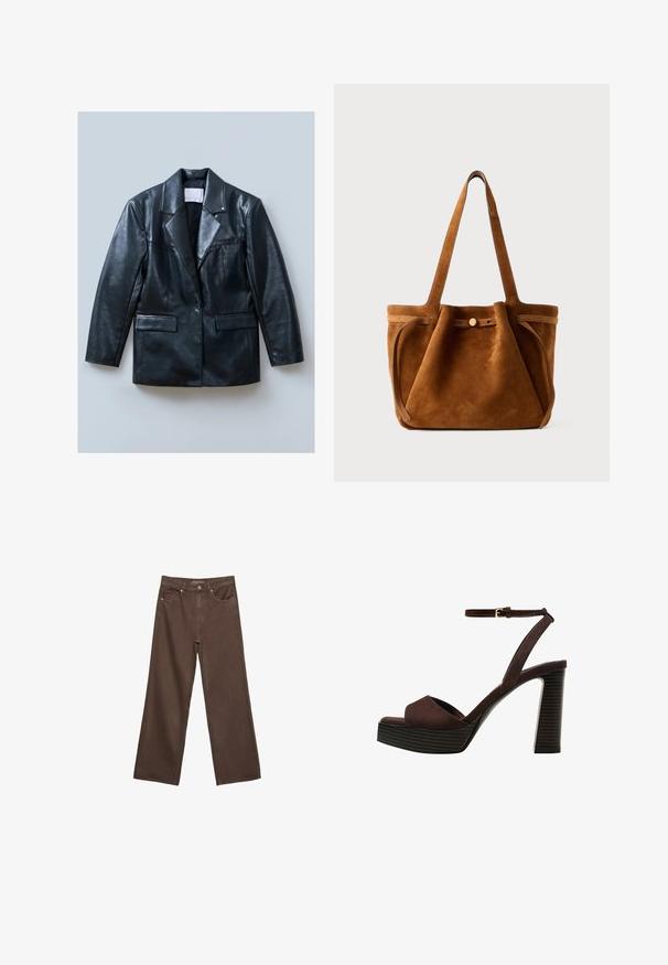 Crni kožni sako s rebrastim reverom, jednostrukim zatvaranjem na dugme, dva prednja džepa i glatkom, sjajnom teksturom.; Smeđi kratki rukav majica od mekog materijala, s okruglim izrezom i opuštenim krojem. Nema vidljivih uzoraka ili naglasaka.; Proširene smeđe traperice od denima, s visokim strukom, prednjim džepovima i klasičnom kopčom na dugme. Glatka tekstura s suptilnim šavovima.; Smeđe zamšaste sandale s visokim potpeticama, otvorenim prstima, podesivom trakicom oko gležnja i prugastom platformom.; Smešnjak smeđi toaletni torba s dvostrukim ručkama, trakama za zakopčavanje i ležernim, blago opuštenim oblikom.