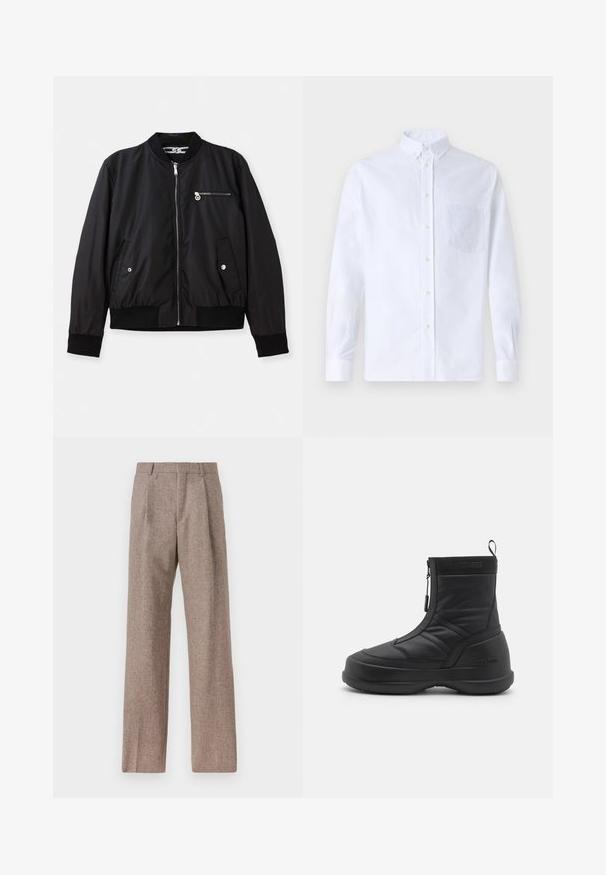 Veste bombardier noire avec fermeture éclair à l'avant, poches latérales et poche poitrail. Présente des poignets et un ourlet côtelés, une texture lisse et un design minimaliste.; Chemise blanche à manches longues avec boutons en coton, présentant une poche poitrine avec broderie ton sur ton, un col et des poignets boutonnés.; Pantalons marron taille haute en tissu texturé. Présente des jambes larges et deux plis avant pour la structure. Finition soignée sans matériel visible.; Botte de neige imperméable noire avec un dessus synthétique lisse, fermeture éclair, col rembourré et semelle en caoutchouc texturé. Accentuée par une marque "MOON BOOT".