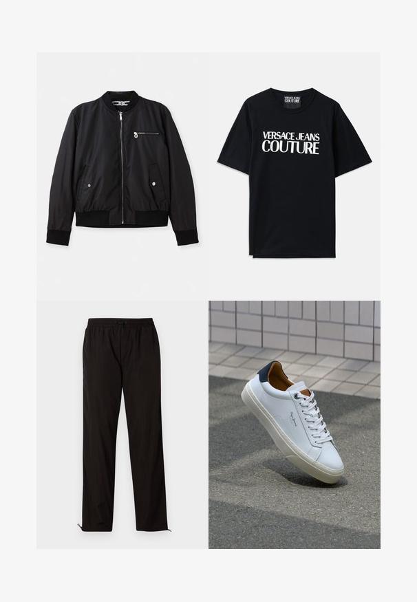 Veste bombardier noire avec fermeture éclair à l'avant, poches latérales et poche poitrail. Présente des poignets et un ourlet côtelés, une texture lisse et un design minimaliste.; T-shirt en coton noir à manches courtes avec un grand texte blanc "VERSACE JEANS COUTURE" sur le devant. Design classique avec col rond.; Pantalons légers noirs avec une taille élastique, fermeture à cordon, et bas zippés pour un ajustement réglable. Texture lisse et élégante.; Sneaker en cuir blanc avec un talon bleu marine, bout rond et accents marron contrastés. Dispose de lacets plats et d'une semelle en caoutchouc texturée.