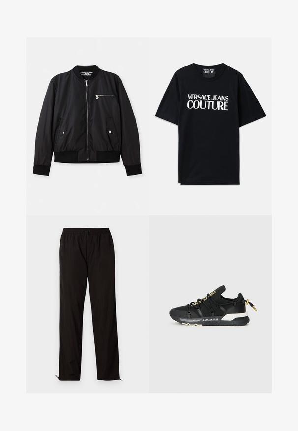 Fekete bomber dzseki cipzáros elülső résszel, oldalsó zsebekkel és mellzsebbel. Jellemzői bordázott mandzsetta és alsó szegély, sima textúra és minimalista dizájn.; Fekete pamut póló rövid ujjakkal, amelynek elején nagy fehér felirat olvasható: "VERSACE JEANS COUTURE". Klasszikus kerek nyakú kialakítás.; Fekete, könnyű nadrág, elasztikus derékkal, húzózsinórral és cipzáros szegélyekkel, amelyek lehetővé teszik az állítható illeszkedést. Simaság és elegáns textúra.; Fekete sportcipők letisztult dizájnnal, arany logóval, rugalmas fűzőkkel és texturált talppal fehér részletekkel.