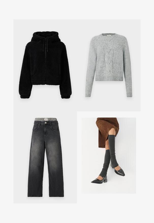 Juodas trumpas džemperis, pagamintas iš pūkuotos, tekstūruotos medžiagos. Yra užtrauktukas, dvi priekinės kišenės ir reguliuojamos raišteliai ant kapučino.; Šviesiai pilkas megztinis su ilgomis rankovėmis, apvalia iškirpte ir centriniu pynimo raštu priekyje.; Juodi džinsai su plačiomis kojomis ir houndstooth rašto juosmeniu. Pirmuose kišenėse ir su mygtuko uždarymu. Dėvėtas tekstūras.; Juodi lakuoti odiniai batai su aštriu kuma ir bloko kulnu, derinami su pilkais riebiais kojų šildytuvais ir rudais zomšiniais sijonais.