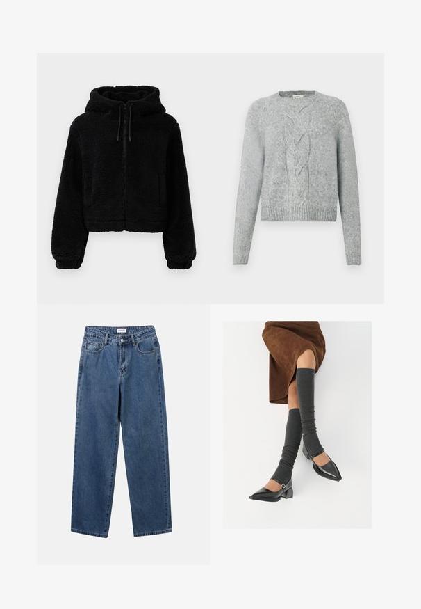 Melnā īsā kapuce, kas izgatavota no pūkaina, faktūriem auduma. Aprīkota ar rāvējslēdzēju, divām priekšējām kabatām un regulējamiem auklām kapuces apakšā.; Gaišs pelēks adīts džemperis ar garām piedurknēm, apaļu kakla izgriezumu un centrālu pīto rakstu priekšpusē.; Klasiskie zili džinsi ar taisnu kāju dizainu, pieciem kabatām un pogu aizdari. Iezīmējas ar vidēju mazgāšanu un izturīgu tekstūru.; Melnas laka ādas apavi ar norādītu purngalu, blokveida papēdi un potīšu jostu, saskaņoti ar pelēkām ribotām kāju sildītājām un brūnu zamšādas svārku.