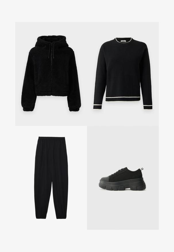 Črna skrajšana kapucna majica iz puhaste, teksturirane tkanine. Ima zadrgo, dva sprednja žepa in nastavljive vrvice pri kapuci.; Črni pulover z dolgimi rokavi in okroglim izrezom, z belim obrobo na ovratniku, manšetah in spodnjem robu, prikazan na enobarvni beli podlagi.; Črne, lahke hlače z elastičnim pasom in nabranimi gležnji. Tkanina je gladka in ima sproščen, taperiran dizajn.; Črne teniske z debelim gumijastim podplatom, zgornji del iz teksturirane tkanine, okrogla punta in zavezovanje z vrvicami. Vključujejo ojačane luknje za vrvice in zanko na hrbtu.