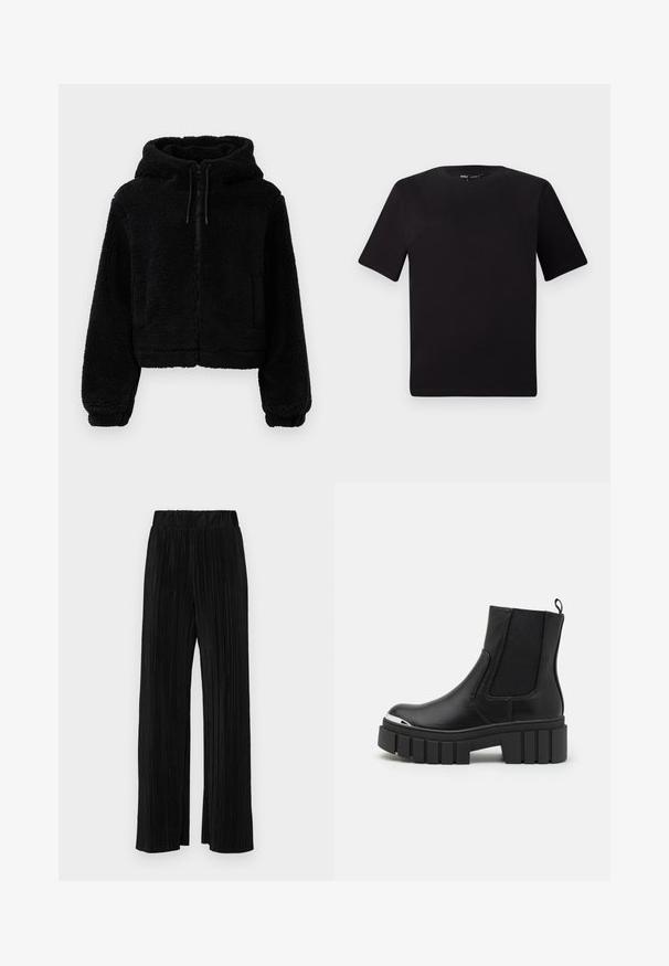 Must paksemist, struktureeritud kangast must cropped kapuutsiga dressipluus. Omab lukuga kinnitamist, kahte eesmist taskut ja reguleeritavaid nööre kapuutsis.; Must olema lühikeste varrukatega must t-särk ümmarguse kaelusega, valmistatud pehmest puuvillast kangast. Lihtne disain, ilma nähtavate logode või mustriteta.; Mustad pleekitud püksid elastse vöökohtaga. Omavad laiad jalad ja sujuvat, tekstureeritud kangast vertikaalsete triipudega.; Mustad mustad kingad sileda nahaga, elastsete paneelidega, paksu platvormi tallaga ja metallist varbaga.