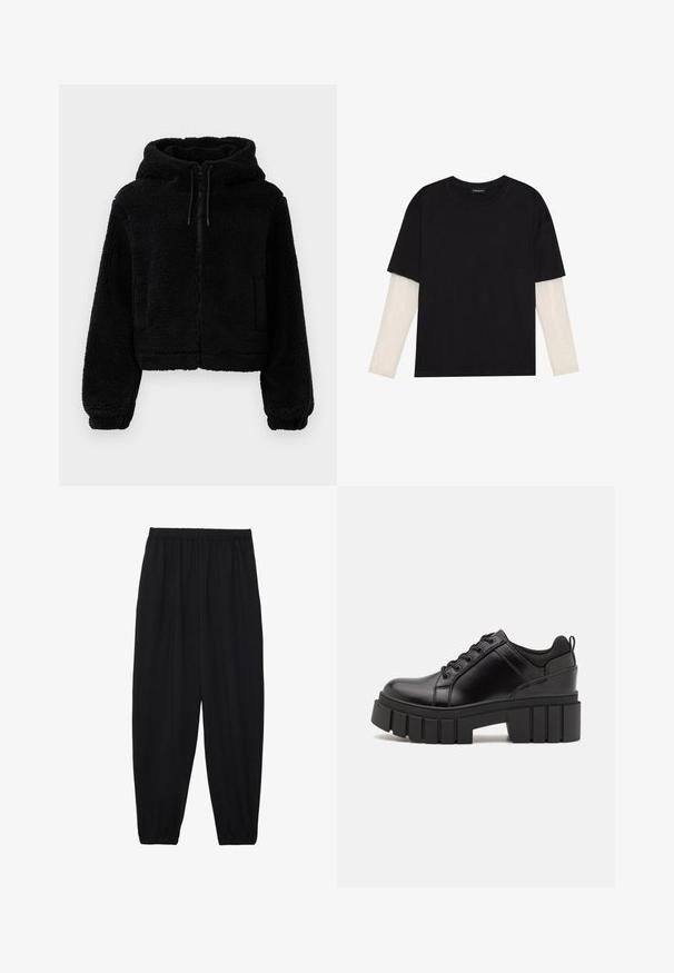 Must paksemist, struktureeritud kangast must cropped kapuutsiga dressipluus. Omab lukuga kinnitamist, kahte eesmist taskut ja reguleeritavaid nööre kapuutsis.; Mustmust särk, mis on valmistatud puuvillast, lühikeste varrukatega, valge pika varrukaga kihi peal, millel on peene tekstuuriga muster. Ümar kaelus.; Mustad, kerge kangas püksid elastse vöökoha ja kokku volditud pahkluudega. Kanga pind on sile ja disain on lõdvestunud, kitsenev.; Must musta platvormsussid paksu plokkninal, ümmarguse varbaga ja traditsioonilise nööridega kinnitamisega. Sussid on sileda tekstuuriga ja minimaalsete detailidega.