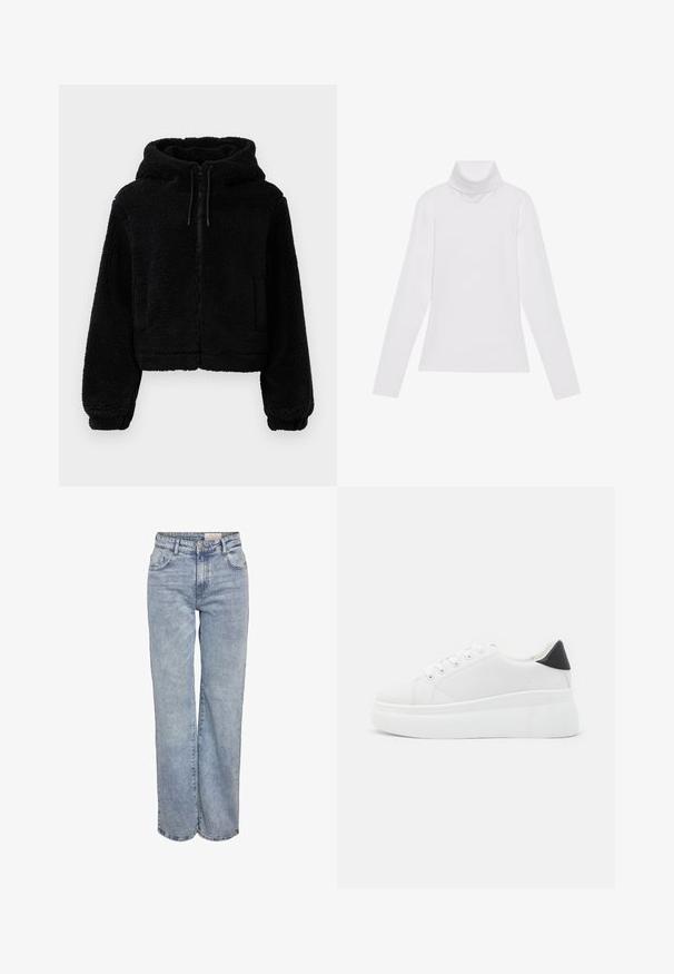 Czarna krótka bluza z kapturem wykonana z puszystej, strukturalnej tkaniny. Posiada zamek błyskawiczny, dwie przednie kieszenie oraz regulowane sznurki w kapturze.; Biała bluzka z długim rękawem i golfem, wykonana z gładkiego, elastycznego materiału. Posiada wysoki kołnierz i dopasowany krój, bez widocznych wzorów czy zdobień.; Jasnoniebieskie dżinsy z szerokimi nogawkami, wykonane z denimu, z wysokim stanem, pięciowgzianą konstrukcją i subtelnym wyblaknięciem, dającym wrażenie noszonych.; Białe sneakersy na platformie wykonane z gładkiego materiału syntetycznego, z zaokrąglonym noskiem, sznurowanym zapięciem i teksturowaną gumową podeszwą. Czarne akcenty na pięcie.