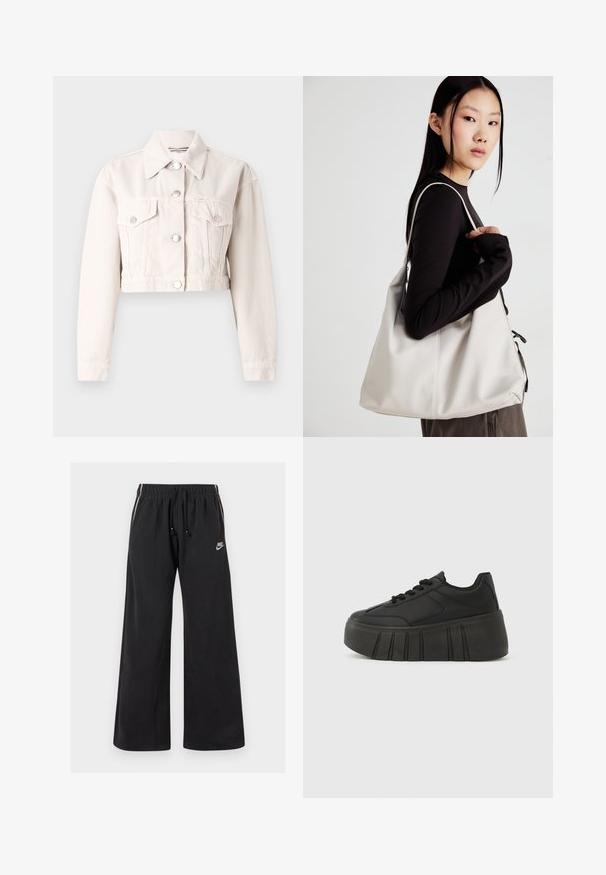 Chaqueta de mezclilla recortada en color crema claro, con un collar, dos bolsillos frontales, cierres de botones plateados y una tela ligeramente texturizada.; Camiseta de algodón negra con un diseño holgado. Presenta mangas cortas y un cuello redondeado. Texto "Positive Sincere" en blanco centrado en la parte delantera.; Pantalones de chándal negros hechos de un tejido suave, con una cintura elástica con cordón, rayas laterales y un pequeño logo en la parte frontal izquierda.; Zapatillas negras de plataforma con parte superior sintética lisa, punta redondeada, diseño con cordones y suela gruesa y estriada para mayor altura.; Bolso de mano beige hecho de material suave, con un diseño holgado, detalles cosidos y dos asas. Adecuado para uso diario.