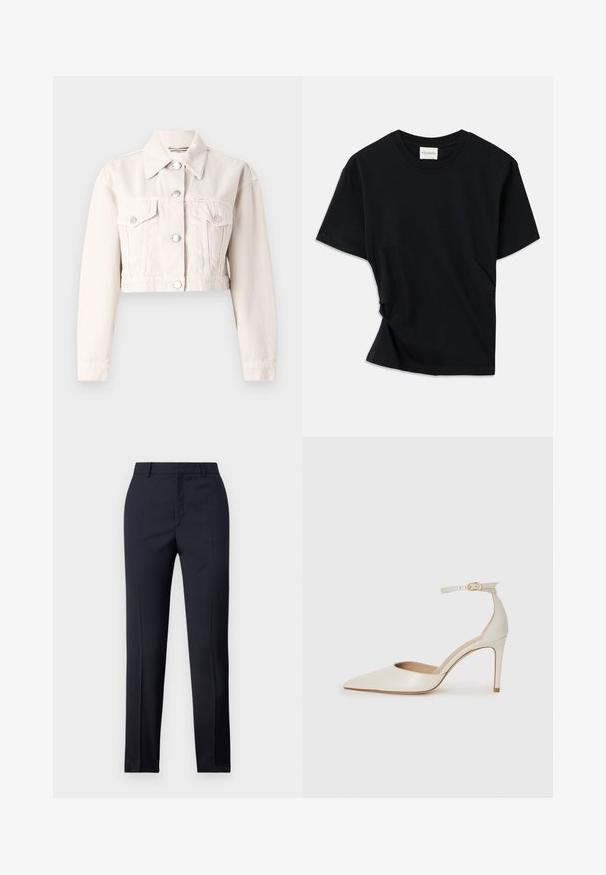 Skrajšani jeans jakna svetle smetane barve, z ovrатnikom, dvema sprednjima žepoma, srebrnimi gumbi in rahlo teksturo tkanine.; Črno majico iz mehkega bombaža odlikuje okrogla izreza, kratki rokavi in nekoliko zvit dizajn za sproščen fit.; Zadnje hlače v mornarično modri barvi s ravnim krojem, ki imajo gladko teksturo, dve sprednji žepki in čisto pasnico.; Bela usnjena čevlja na visoki peti z ozkim prstom, trakom okoli gležnja in tanko stiletto peto. Gladka tekstura z rahlim sijočim finišem.