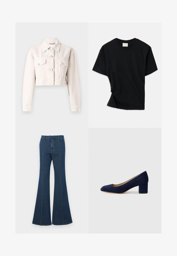 Apgriezts denim žakets gaiškrēmā krāsā, ar apkakli, divām priekšējām kabatām, sudraba pogu aizdari un nedaudz teksturētu audumu.; Melnā T-krekls, izgatavots no mīksta kokvilnas, ar apaļu izgriezumu, īsām piedurknēm un nedaudz izlocītu dizainu, kas nodrošina brīvu piegulšanu.; Tumši zila džinsu flared bikses ar strukturētām šuvēm un gludu apdari. Iespējas ar vidējo jostasvietu un plašām, plūstošām kājām.; Tumši zili zamšādas kurpes ar norādītu degunu un vidēja augstuma blokveida papēdi. Gluda tekstūra ar smalku spīdumu un nelielu izgriezumu priekšā.