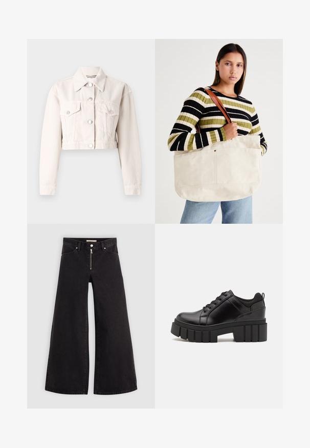 Chaqueta de mezclilla recortada en color crema claro, con un collar, dos bolsillos frontales, cierres de botones plateados y una tela ligeramente texturizada.; Camiseta de algodón negra con mangas cortas, que presenta un gráfico de una mano y el texto "Levi's LA LUNE" en blanco en la zona superior izquierda del pecho.; Jeans de pierna ancha en denim negro con cierre frontal, diseño de cinco bolsillos y detalles de costura sutiles. Textura suave y estilo casual.; Zapatos de plataforma de cuero negro con un tacón cuadrado grueso, punta redonda y diseño tradicional de cordones. Presenta una textura suave y un detalle minimalista.; Gran bolsa de lona beige grande con correas de cuero marrón, que presenta un diseño minimalista y costuras visibles como acentos.