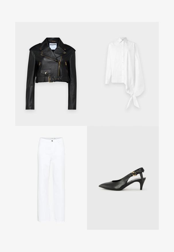 Black leather cropped biker jacket featuring a notched collar, gold zippers, side pockets, and a belted waist with adjustable hardware.; White long-sleeve button-up shirt with an asymmetric oversized gathered sleeve tied at the wrist on the right side.; White wide-leg jeans made of denim. Features a button closure and traditional five-pocket design. Smooth texture with a clean finish.; Black leather slingback pump with a pointed toe, small heel, and a buckle detail on the ankle strap. Smooth texture, minimalist design.