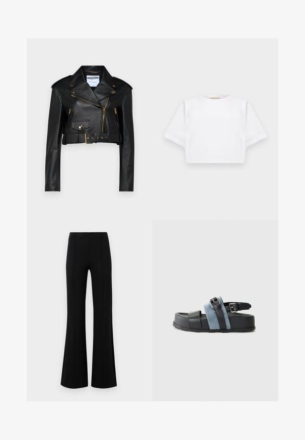 Fekete bőrből készült, rövidített motoros dzseki, amelynek kivágott gallérja, arany cipzárok, oldalsó zsebek és övvel ellátott, állítható dereka van.; Rövid ujjú, puha anyagból készült, vágott fehér póló, kör alakú nyakkivágással és bordázott alsó résszel. Egyszerű és díszítetlen kialakítás.; Fekete, flared nadrág magas derékkal, rugalmas anyagból készült. Elölnézetén függőleges varrásokkal rendelkezik, sima textúrával.; Fekete és kék szandál vastag talppal, bőr és farmer anyagból, állítható csattal és nyitott orrú dizájnnal.