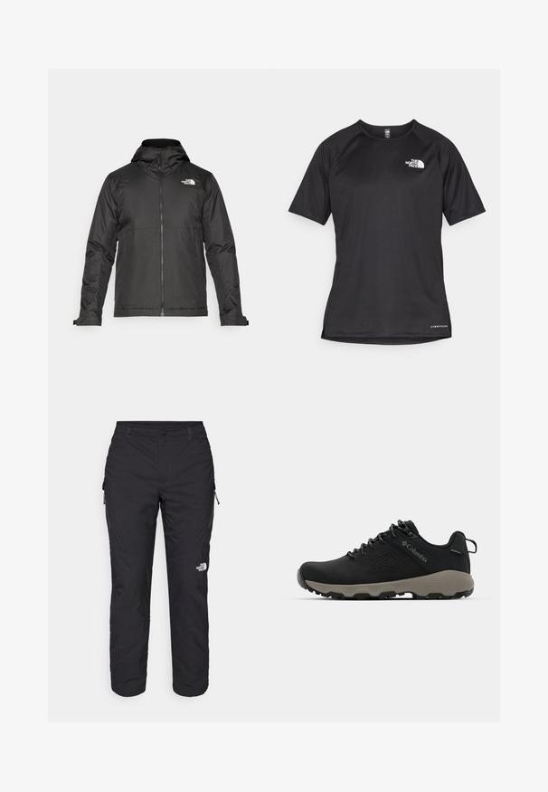 Μαύρο μπουφάν με φερμουάρ και κουκούλα, φτιαγμένο από λείο ύφασμα. Διαθέτει λογότυπο στο στήθος και ρυθμιζόμενους καρπούς για άνετη εφαρμογή.; Μαύρο αθλητικό μπλουζάκι με κοντά μανίκια και υφή, με λευκή λογότυπο στο αριστερό στήθος και ίσια ραφή.; The North Face WINTER EXPLORATION TAPERED CARGO - Παντελόνι εξωτερικού χώρου - black; Μαύρο ορειβατικό παπούτσι με λείο επάνω μέρος, διάτρητο σχέδιο, γκρι σόλα και ενισχυμένη φτέρνα. Διαθέτει κορδόνια και κρίκο για εύκολη φόρμα.