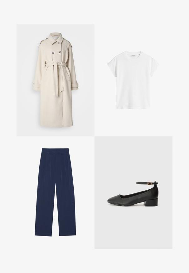 Cream-colored trench coat made of soft fabric, featuring a belted waist, double-breasted front, and two side pockets.; White short-sleeve t-shirt made of cotton. Features a relaxed fit with a crew neckline and slightly dropped shoulder seams. No patterns or accents.; Navy blue wide-leg pants made of soft fabric, featuring front pleats, a smooth texture, and a straight fit with no visible pockets.; Black leather pump with a pointed toe and a low block heel. Features an ankle strap with a gold-tone buckle. Smooth texture.