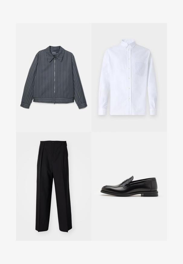 Donkergrijze ritssluitingjack met witte verticale strepen, een puntige kraag en lange mouwen. Glad materiaal met een licht glanzende afwerking.; Witte lange mouwen overhemd van katoen, met een borstzak met tonale borduring, een kraag en knopenmanchetten.; Zwarte geplooide broeken met een rechte, brede pijpontwerp. Gemaakt van soepele stof, met een knoopsluiting en riemlussen.; Zwarte leren instappers met een gladde textuur, ronde neus en een decoratieve band over de wreef. Lage, gestapelde hak en minimalistisch ontwerp.