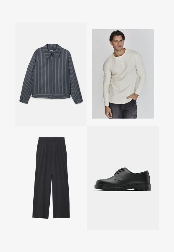Ciemnoszara kurtka zapinana na zamek błyskawiczny z białymi pionowymi paskami, spiczastym kołnierzem i długimi rękawami. Gładki materiał o lekko błyszczącym wykończeniu.; Długo rękawowy, kremowy, prążkowany t-shirt typu henley z okrągłym dekoltem, trzema guzikami i dopasowanymi mankietami, zestawiony z ciemnymi dżinsami.; Szerokie spodnie wykonane z ciemnoszarego materiału. Posiadają pliski w talii, dopasowany krój oraz prostą sylwetkę.; Czarne skórzane półbuty oxford z zapięciem na sznurowadła, zaokrąglonym noskiem, płaską gumową podeszwą oraz subtelnym przeszyciem na cholewce.