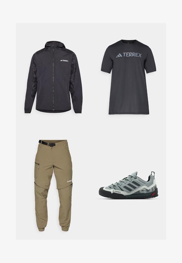 Svart Terrex-jacka med huva, dragkedja och mönstrade ärmar. Tillverkad av lätt material med elastiska muddar och rak nederkant.; Svart kortärmad t-shirt gjord av lätt tyg, med en ljusgrå "TERREX"-logotyp över bröstet och rund halsringning.; Kaki utomhusbyxor med justerbart svart bälte, fickor med dragkedja, avsmalnande ärmslut och avtagbara nedre ben för mångsidig stil.; Grå klätterskor med entexturerad ovandel, svart gummikåpa på tån, tre mörka ränder och en liten röd accent på sulan.