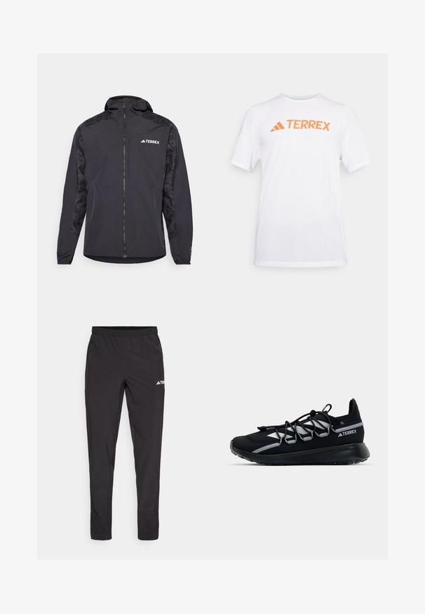 Zwarte Terrex-jack met een capuchon, ritsclosure en bedrukte mouwen. Gemaakt van lichtgewicht materiaal met elastische manchetten en een rechte zoom.; Witte sportieve T-shirt met korte mouwen, gemaakt van ademend materiaal, met een oranje "TERREX" logo op de borst. Eenvoudig ontwerp met strakke lijnen.; Zwarte sportbroek met een elastieke tailleband, twee zijzakken met rits en een logo op de bovenkant van het rechterbeen. Soepele, lichte stof.; Zwarte sportieve schoen met een mesh bovenkant, reflecterende accenten, elastische veters en een getextureerde rubberen zool. Beschikt over een gestroomlijnd ontwerp voor optimale prestaties.