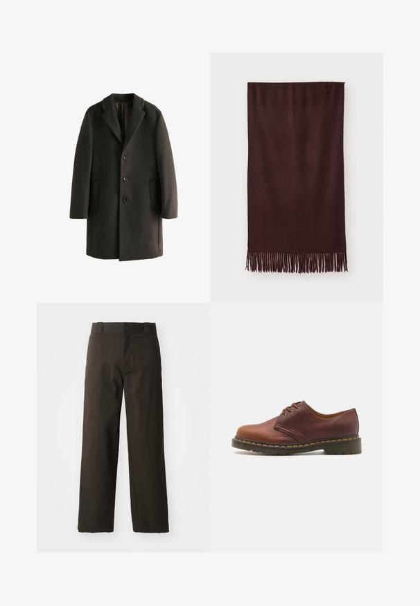 Schwarzer Wollmantel mit Reverskragen, drei Knöpfen, zwei Seitentaschen und lässiger Passform. Glatte Textur mit dezentem Schimmer.; Brauner gestrickter ärmelloser Strickpullover mit geripptem Rundhalsausschnitt, Armausschnitten und Saum, flach auf einem weißen Hintergrund ausgelegt.; Schwarzes Baumwoll-T-Shirt mit Rundhalsausschnitt, kurzen Ärmeln und geradem Saum. Glatte Textur; schlichtes, ungeschmücktes Design.; Schwarze Baumwollhosen mit geradem Bein, ausgestattet mit einem Knopfverschluss und einem klassischen Bund. Glatte Textur, keine Muster oder Akzente.; Braunes Leder-Schuh mit glatter Oberfläche, runder Zehenform und fünf Ösen-Schnürung. Verfügt über gelbe Nähte entlang der Sohle und eine strukturierte Ferse.; Bordeauxfarbener Schal aus weichem Stoff, mit glatter Textur und langen Fransen am Saum für zusätzliche Details. Rechteckige Form, liegt flach.