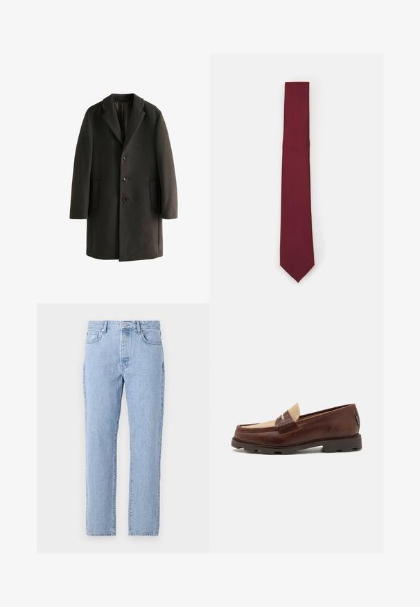 Abrigo de lana negro con solapa muesca, tres botones, dos bolsillos laterales y un corte relajado. Textura suave con un ligero brillo.; Camisa blanca de manga larga con botones, hecha de una tela suave. Presenta un cuello clásico, botones frontales y puños con un solo botón. Diseño ajustado.; Vaqueros de mezclilla de color azul claro con un diseño de pierna recta, cinco bolsillos y cierre de botones. Textura suave con un acabado clásico descolorido.; Mocasines de cuero marrón con un acento de lienzo topo, detalle de costura y una suela de goma texturizada diseñada para comodidad y durabilidad.; Corbata de seda burdeos, de forma estrecha y con una textura lisa. Presenta una punta afilada, un color uniforme y un acabado suave.