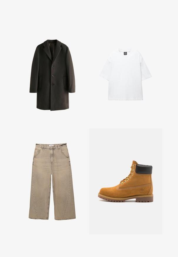 Palton negru din lână cu rever tip notch, trei butoane, două buzunare laterale și o croială lejeră. Textură fină cu un luciu subtil.; Tricou alb cu mânecă scurtă, confecționat din bumbac, având un decolteu rotund și o croială lejeră cu tiv drept. Fără modele sau broderii.; PULL&BEAR MEGA BAGGY - Blugi largi - light grey; Cizmă de gleznă din întoarsă de culoare bej, cu guler negru căptușit, ochiuri din metal auriu, detalii de cusătură albă și talpă din cauciuc robustă, cu un model pronunțat.
