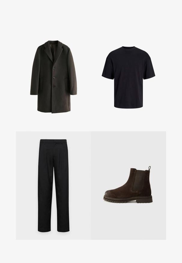 Schwarzer Wollmantel mit Reverskragen, drei Knöpfen, zwei Seitentaschen und lässiger Passform. Glatte Textur mit dezentem Schimmer.; Schwarzes Baumwoll-T-Shirt mit Rundhalsausschnitt, kurzen Ärmeln und lässiger Passform. Glatte Oberflächenstruktur und keine sichtbaren Muster oder Akzente.; Schwarze Hose aus glattem Stoff, mit geradem Bein Design, zwei vorderen Falten und einem Standardbund mit Gürtelschlaufen.; Braune Veloursleder Chelsea-Stiefel mit elastischen Seitenpaneelen, abgerundetem Zehenbereich und robustem Sohlen. Enthält eine Zuglasche an der Rückseite für einfaches Anziehen.