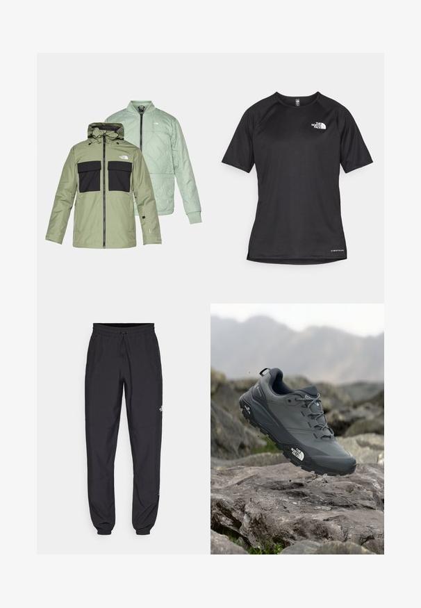 Két egymásra rakott dzseki: egy olíva zöld vízálló dzseki fekete mellzsebekkel és kapucnival, valamint egy világos mentazöld steppelt bomber stílusú dzseki.; Fekete, rövid ujjú sportpóló struktúrált anyagból, bal mellen fehér logóval és egyenes aljjal.; Fekete sportnadrág, könnyű anyagból készült, húzózsinóros derékkal, oldalsó zsebekkel és szűkített szárakkal a bokáknál.; Szürke terepfutó cipő, texturált felsőrésszel, tartós gumitalppal és megerősített orr résszel. Fekete fűzők és márka logó a cipő oldalán.