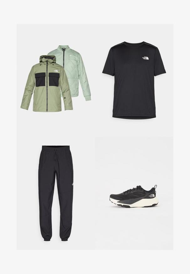 Dvě překrývající se bundy: olivově zelená nepromokavá bunda s černými hrudními kapsami a kapucí a světle mátově zelená prošívaná bunda ve stylu bomber.; Černé tričko s krátkým rukávem vyrobené z lehkého materiálu. Má malé bílé logo na levé části hrudi a decentní akcenty na ramenech.; Černé sportovní kalhoty vyrobené z lehké tkaniny, s páskem na šňůrku, bočními kapsami a zúženými manžetami na kotnících.; Černá sportovní bota s texturovaným síťovaným svrškem, solidními černými akcenty a bílou lehkou podrážkou. Vybavena šněrováním a poutkem.